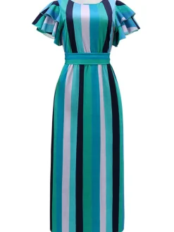 Online Retro Stage 1970s Roman Stripes Ruffle Sleeve Dress