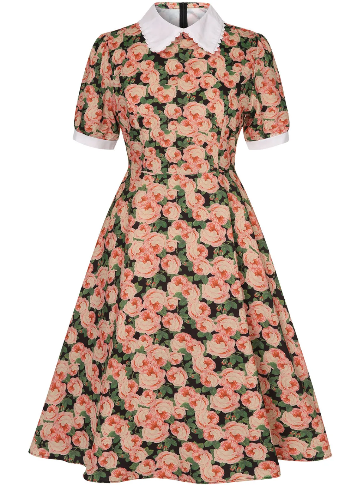 Sale Retro Stage 1950s Rose Lapel Puff Swing Dress Red