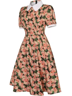Sale Retro Stage 1950s Rose Lapel Puff Swing Dress Red