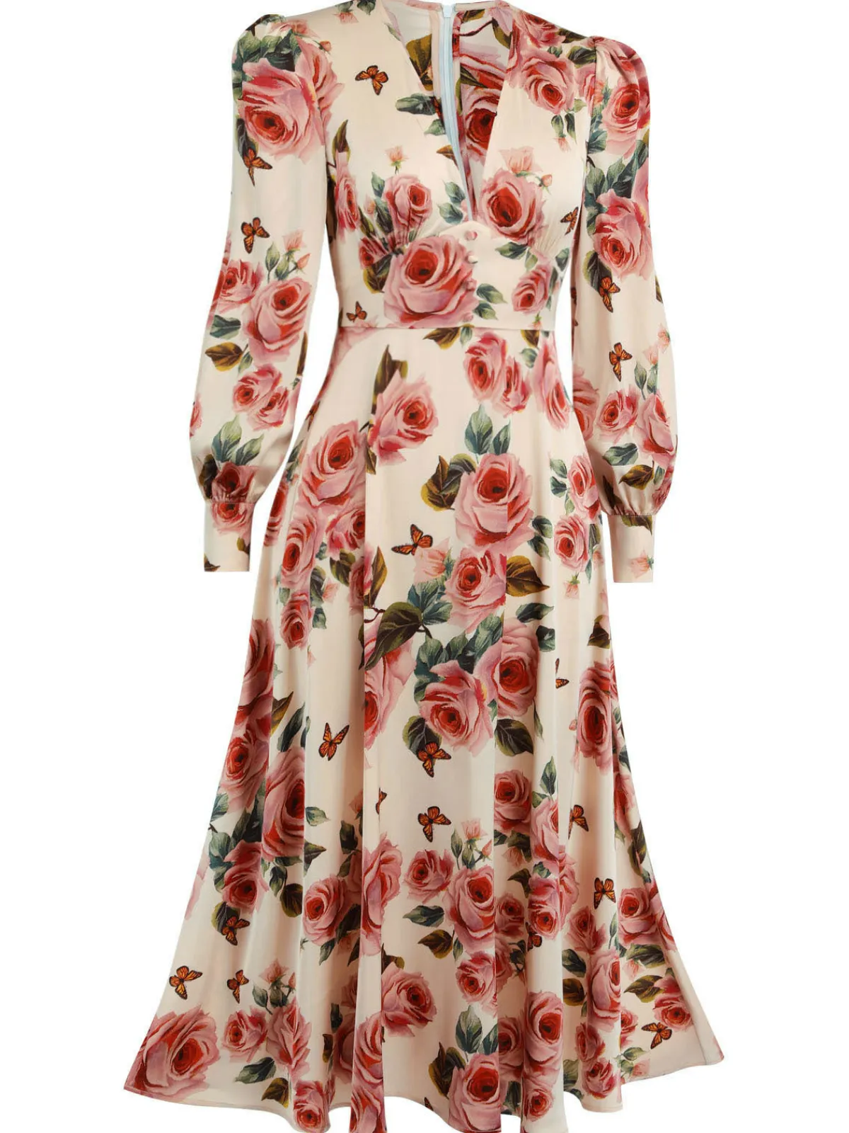 Sale Retro Stage 1940s Rose V-Neck Long Sleeves Dress Pink
