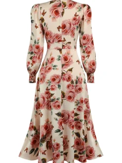 Sale Retro Stage 1940s Rose V-Neck Long Sleeves Dress Pink