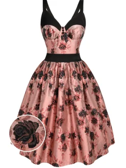 Best Retro Stage 1950s Roses Embossed Satin Swing Dress Pink