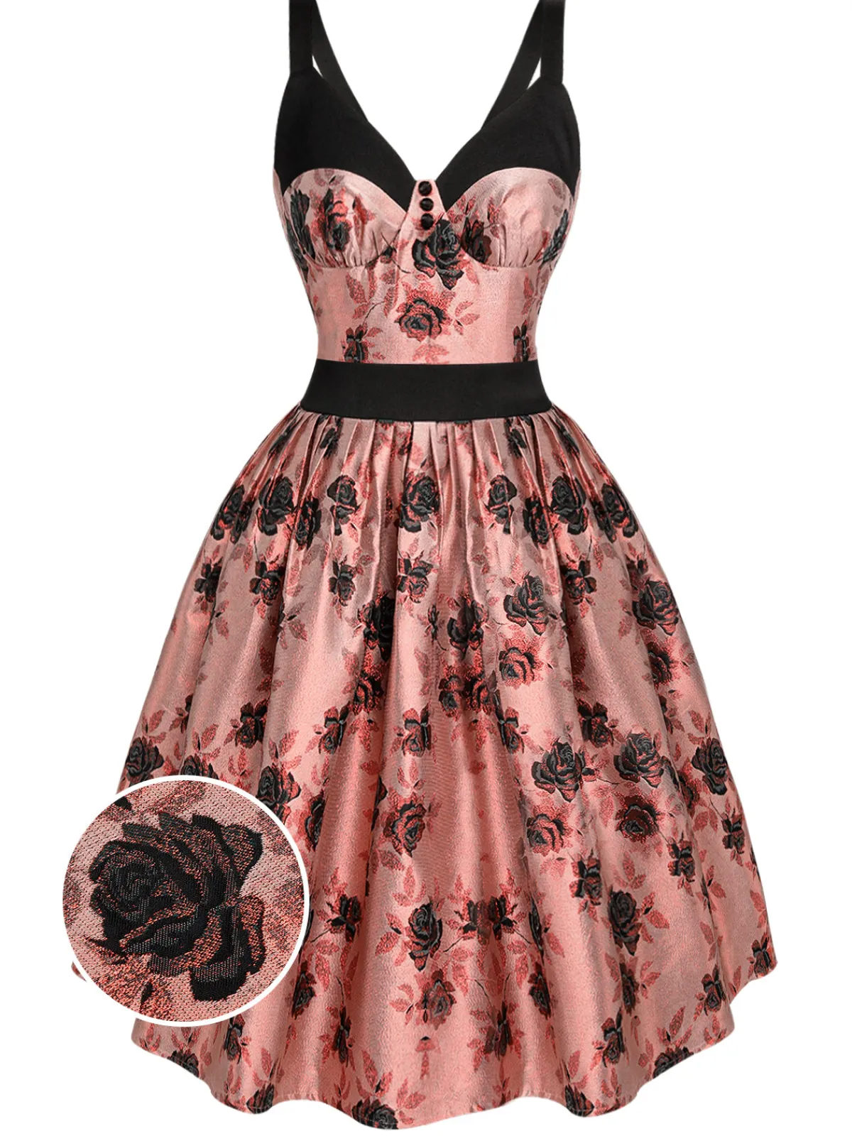 Best Retro Stage 1950s Roses Embossed Satin Swing Dress Pink