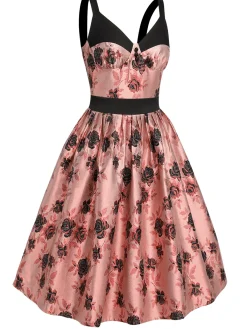 Best Retro Stage 1950s Roses Embossed Satin Swing Dress Pink