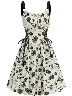 Outlet Retro Stage 1950s Roses Straps Lace-Up Pleated Dress