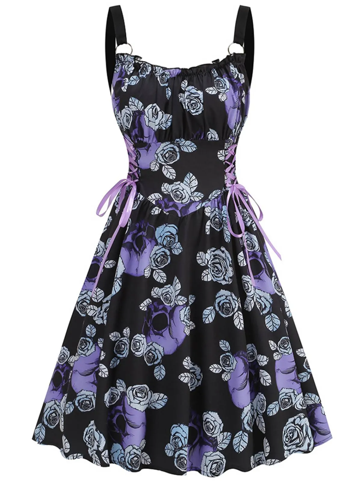 Outlet Retro Stage 1950s Roses Straps Lace-Up Pleated Dress