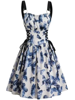 Outlet Retro Stage 1950s Roses Straps Lace-Up Pleated Dress