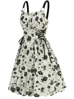 Outlet Retro Stage 1950s Roses Straps Lace-Up Pleated Dress