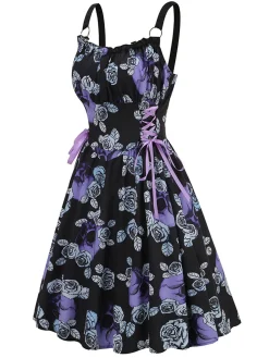 Outlet Retro Stage 1950s Roses Straps Lace-Up Pleated Dress