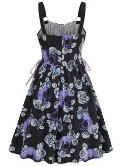 Outlet Retro Stage 1950s Roses Straps Lace-Up Pleated Dress