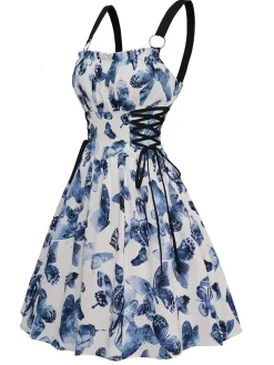 Outlet Retro Stage 1950s Roses Straps Lace-Up Pleated Dress