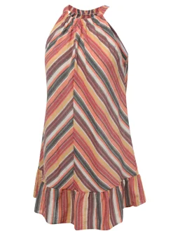 Best Retro Stage 1980s Round Halter Antique Stripe Dress Multicolor