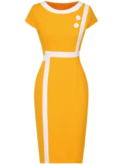 Best Retro Stage 1960s Round Neck Button Patchwork Wrap Dress