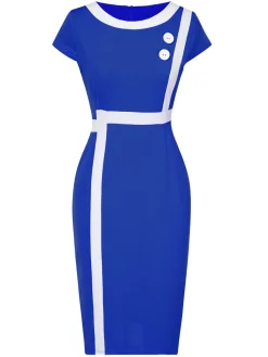 Best Retro Stage 1960s Round Neck Button Patchwork Wrap Dress