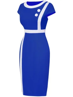 Best Retro Stage 1960s Round Neck Button Patchwork Wrap Dress