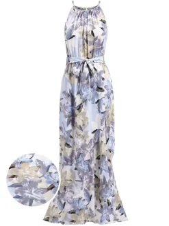 New Retro Stage 1930s Round Neck Floral Irregular Hem Belted Dress Blue