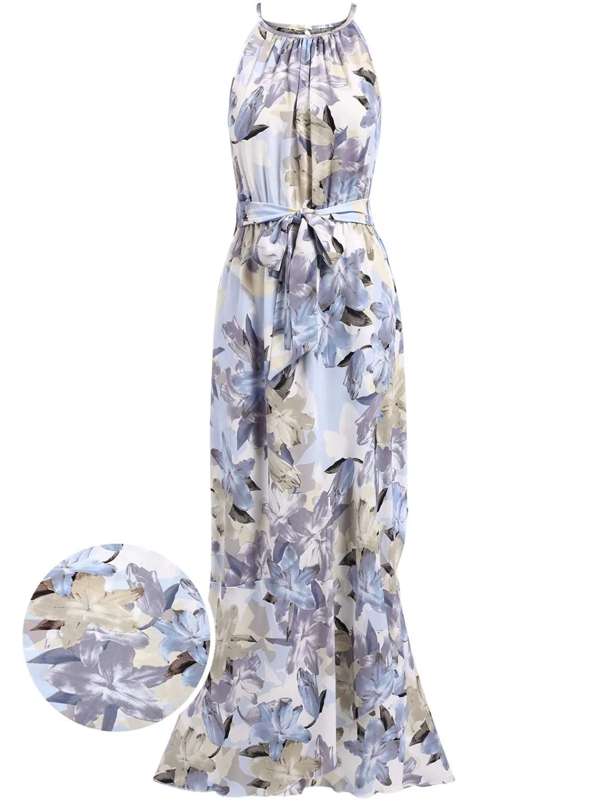 New Retro Stage 1930s Round Neck Floral Irregular Hem Belted Dress Blue
