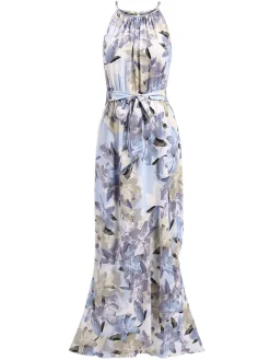 New Retro Stage 1930s Round Neck Floral Irregular Hem Belted Dress Blue