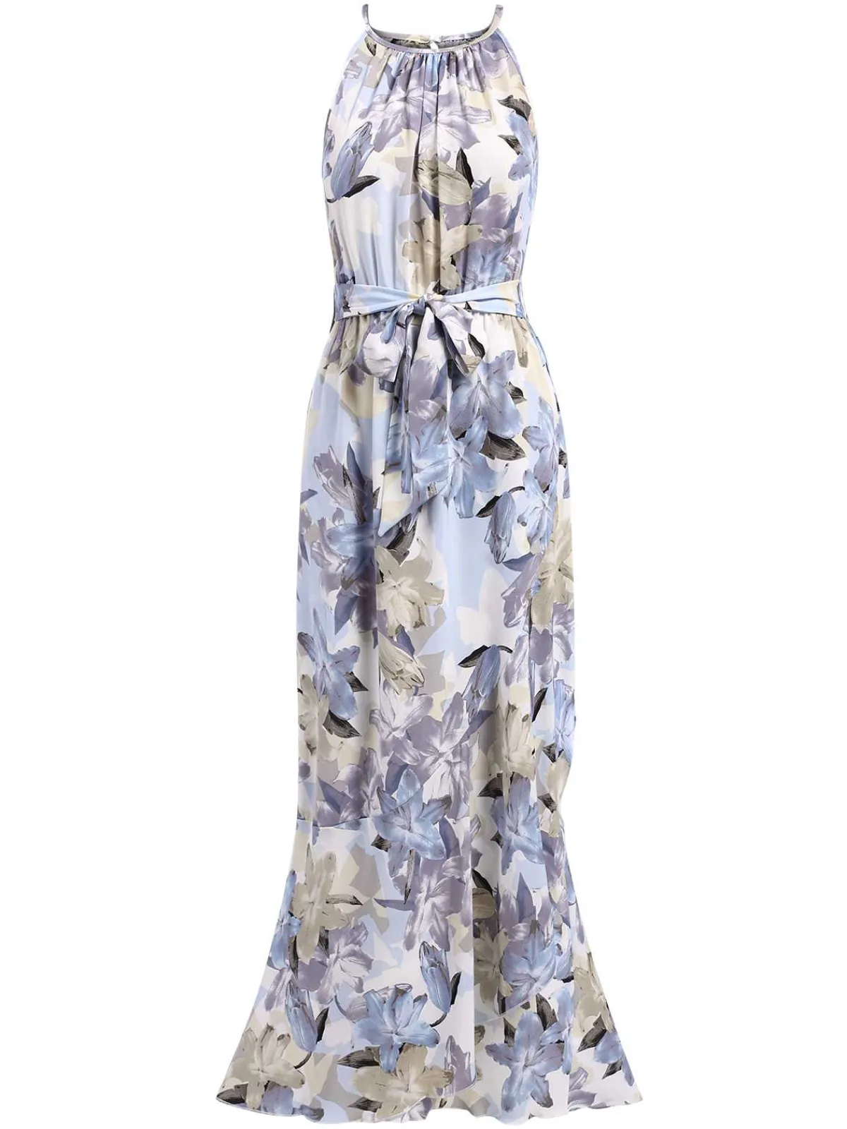 New Retro Stage 1930s Round Neck Floral Irregular Hem Belted Dress Blue