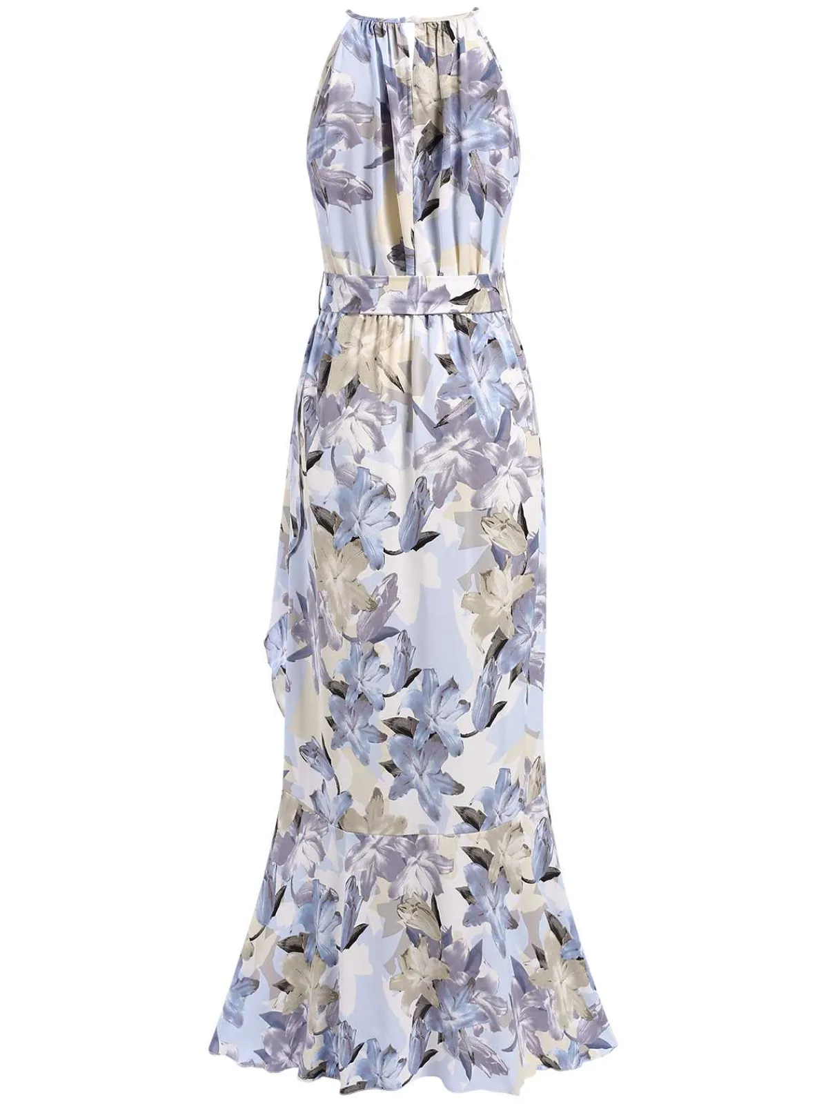 New Retro Stage 1930s Round Neck Floral Irregular Hem Belted Dress Blue