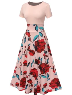 Sale Retro Stage 1970s Round Neck Floral Patchwork Dress