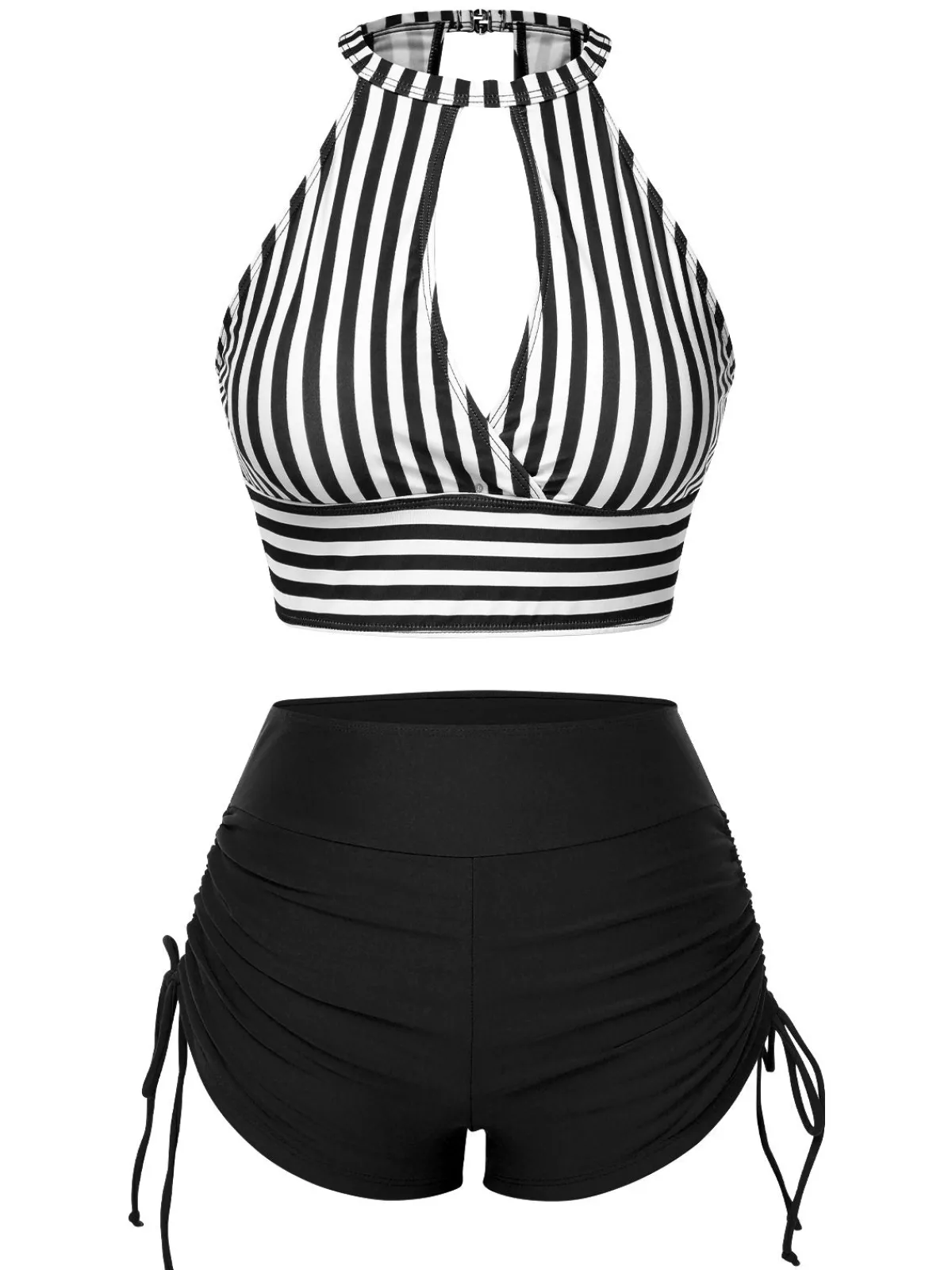 Clearance Retro Stage 1950s Round Neck Halter Hollow Striped Swimsuit