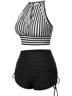 Clearance Retro Stage 1950s Round Neck Halter Hollow Striped Swimsuit