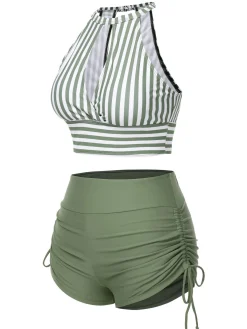 Clearance Retro Stage 1950s Round Neck Halter Hollow Striped Swimsuit