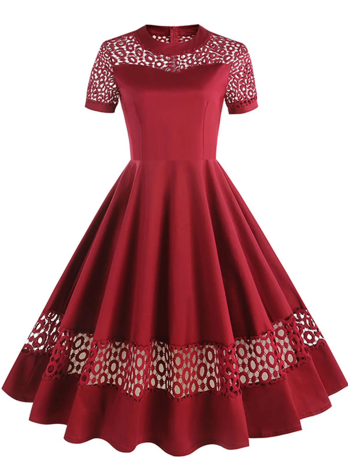 Outlet Retro Stage 1950s Round Neck Hollow Solid Dress