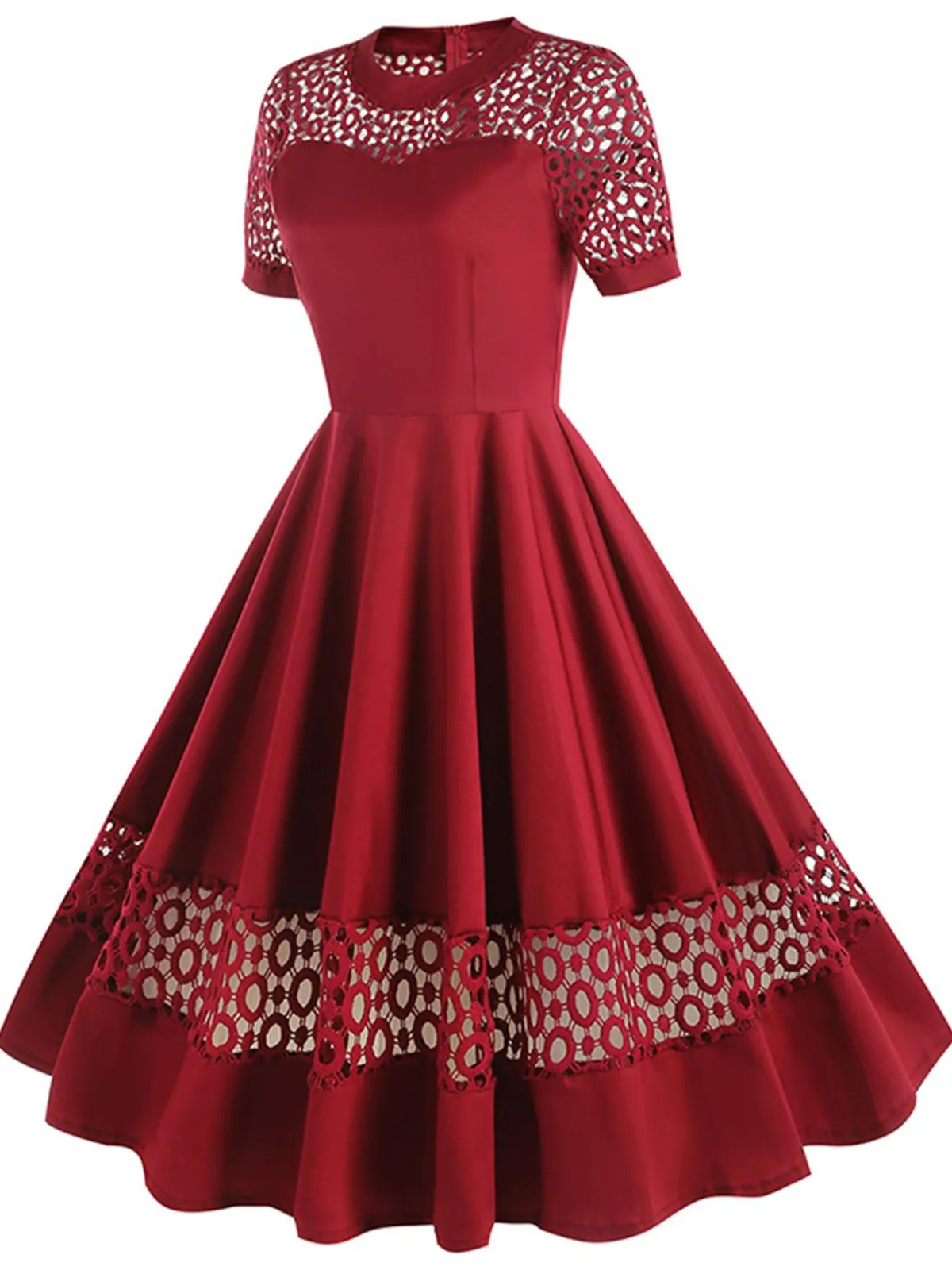 Outlet Retro Stage 1950s Round Neck Hollow Solid Dress