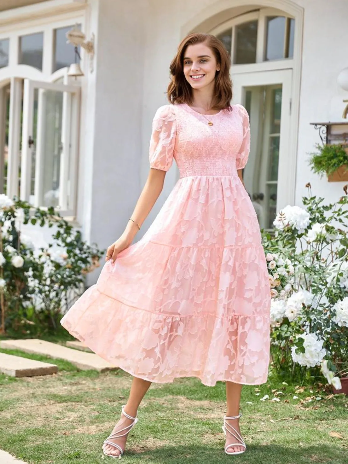 New Retro Stage 1930s Round Neck Puff Sleeve Wrinkle Dress
