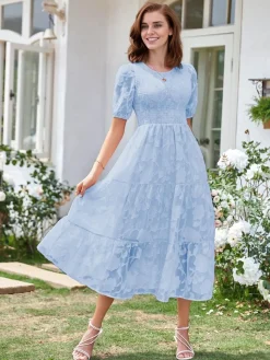 New Retro Stage 1930s Round Neck Puff Sleeve Wrinkle Dress