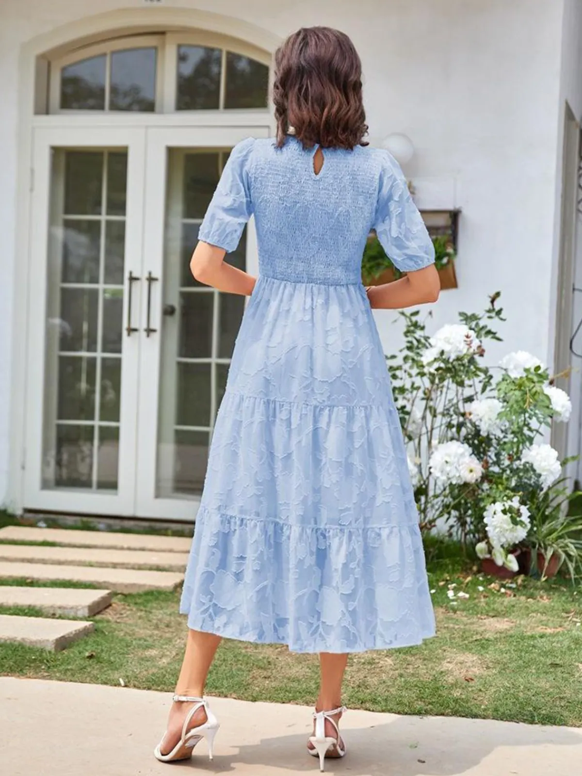 New Retro Stage 1930s Round Neck Puff Sleeve Wrinkle Dress