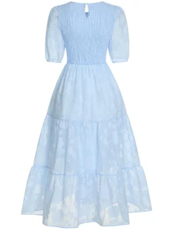 New Retro Stage 1930s Round Neck Puff Sleeve Wrinkle Dress