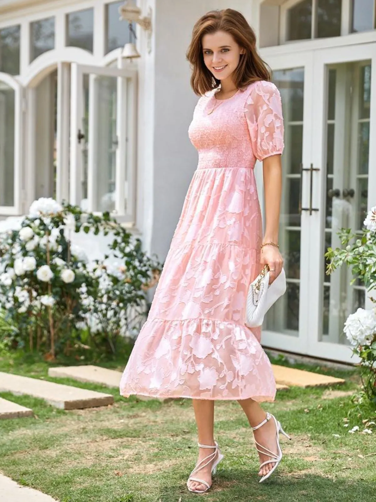 New Retro Stage 1930s Round Neck Puff Sleeve Wrinkle Dress