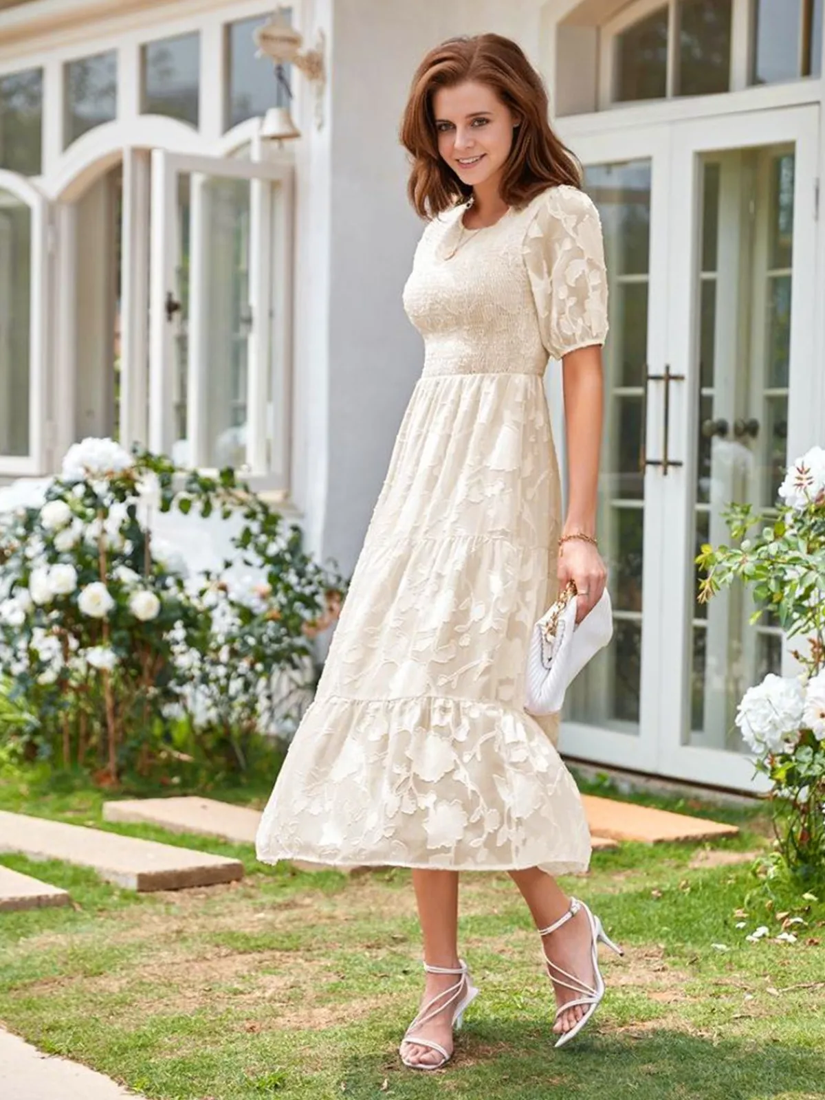 New Retro Stage 1930s Round Neck Puff Sleeve Wrinkle Dress