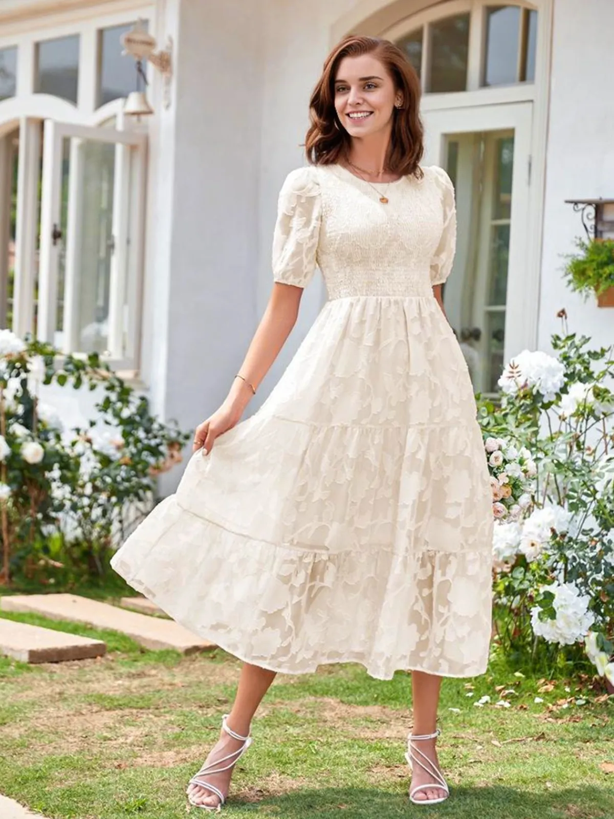 New Retro Stage 1930s Round Neck Puff Sleeve Wrinkle Dress