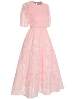 New Retro Stage 1930s Round Neck Puff Sleeve Wrinkle Dress