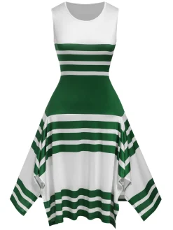 New Retro Stage 1930s Round Neck Sleeveless Striped Dress