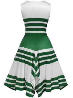 New Retro Stage 1930s Round Neck Sleeveless Striped Dress