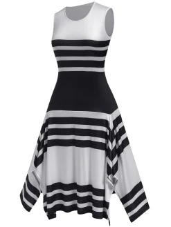 New Retro Stage 1930s Round Neck Sleeveless Striped Dress