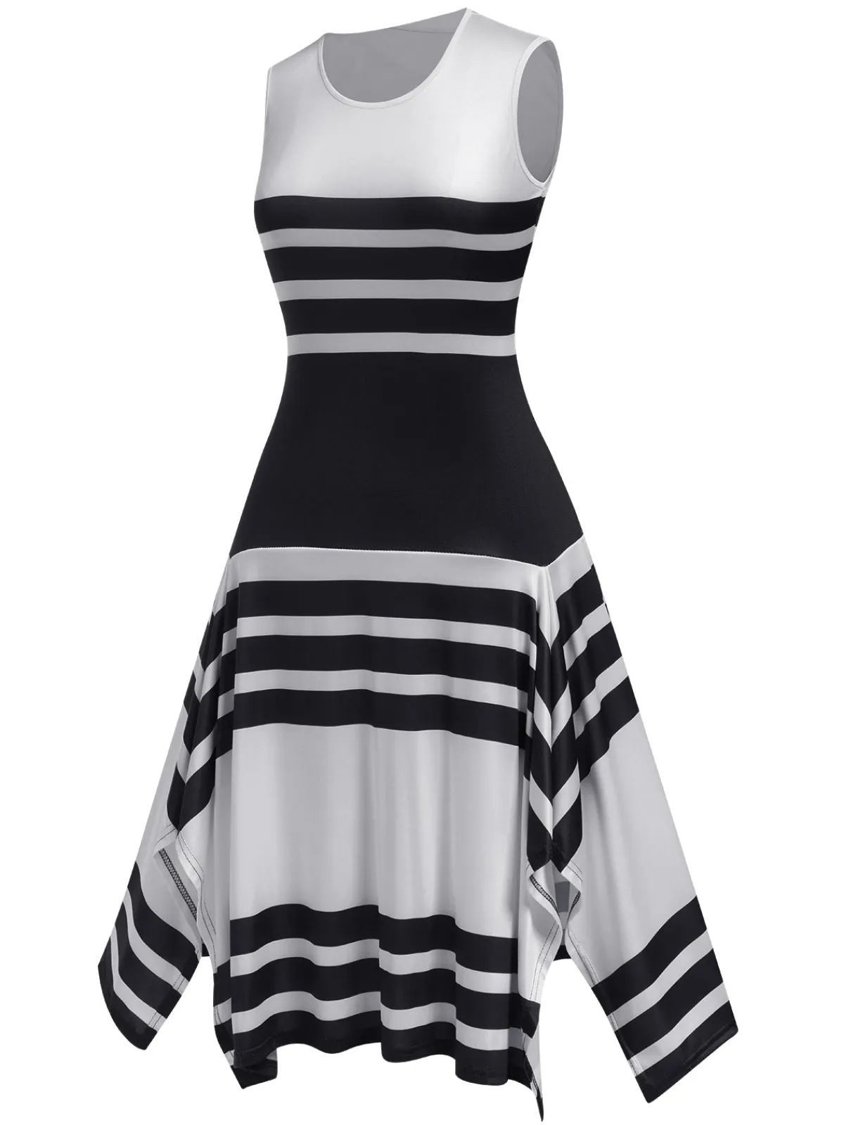 New Retro Stage 1930s Round Neck Sleeveless Striped Dress