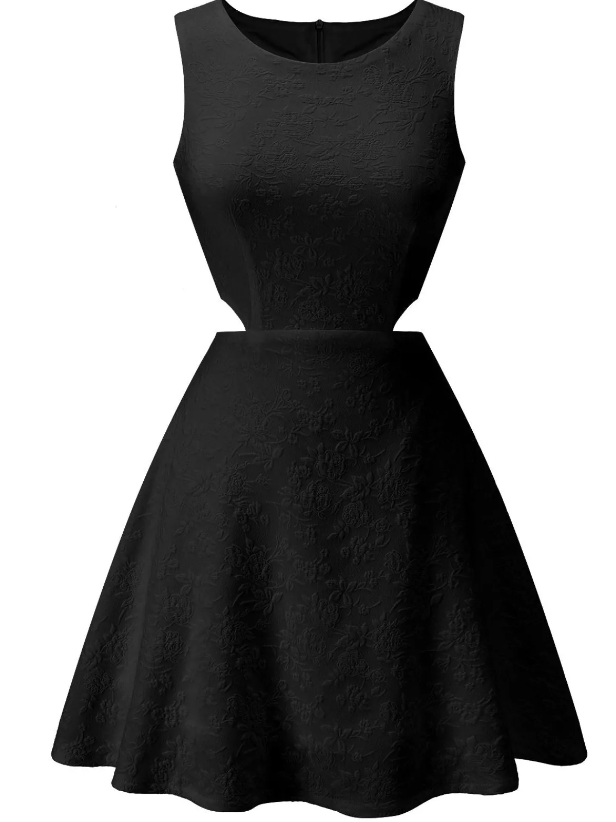 Sale Retro Stage 1960s Round Neck Solid Floral Sleeveless Dress Black