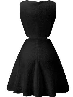 Sale Retro Stage 1960s Round Neck Solid Floral Sleeveless Dress Black