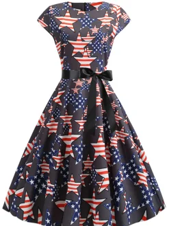 Online Retro Stage 1950s Round Neck Stars Belted Dress Multicolor