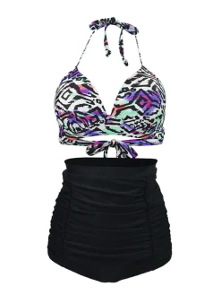 Best Retro Stage 1940s Ruched Lace-Up Halter Bikini Set Black