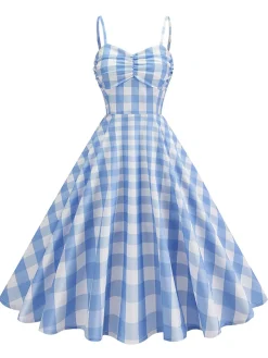 Fashion Retro Stage 1950s Ruched Spaghetti Straps Gingham Plaid Dress