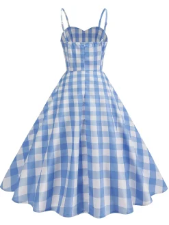 Fashion Retro Stage 1950s Ruched Spaghetti Straps Gingham Plaid Dress