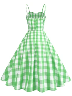 Fashion Retro Stage 1950s Ruched Spaghetti Straps Gingham Plaid Dress