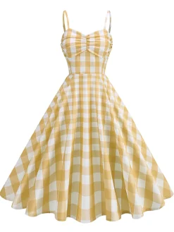 Fashion Retro Stage 1950s Ruched Spaghetti Straps Gingham Plaid Dress